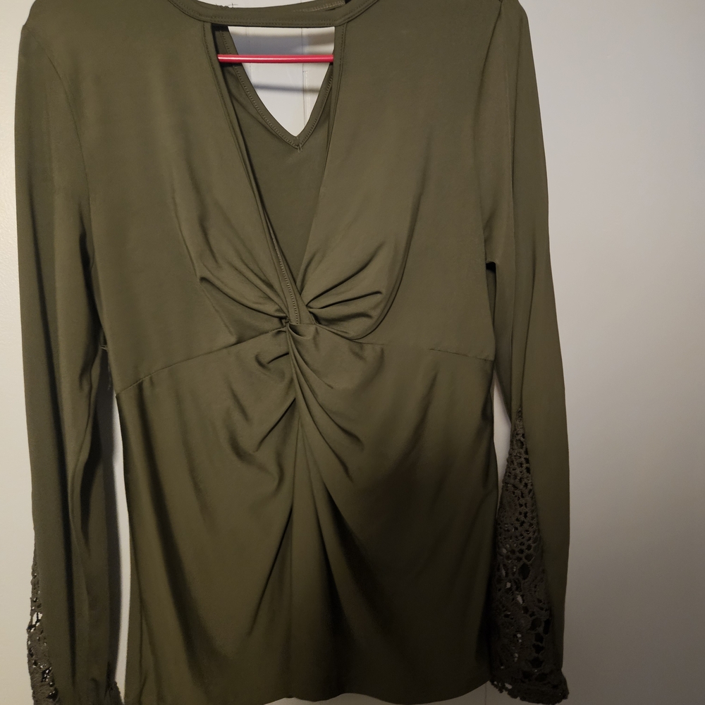 Olive Green Long Sleeve Top with Lace Detail